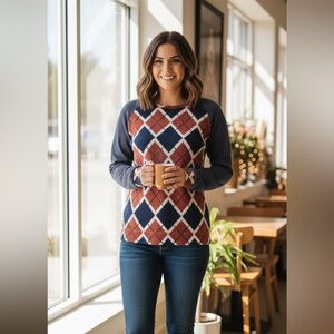 Sun n Moon Argyle Knit Blouse Navy & Rust Orange Academic Fall Style Size M